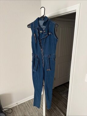 Fashion Nova Dark Blue Sleeveless Denim Jumpsuit
